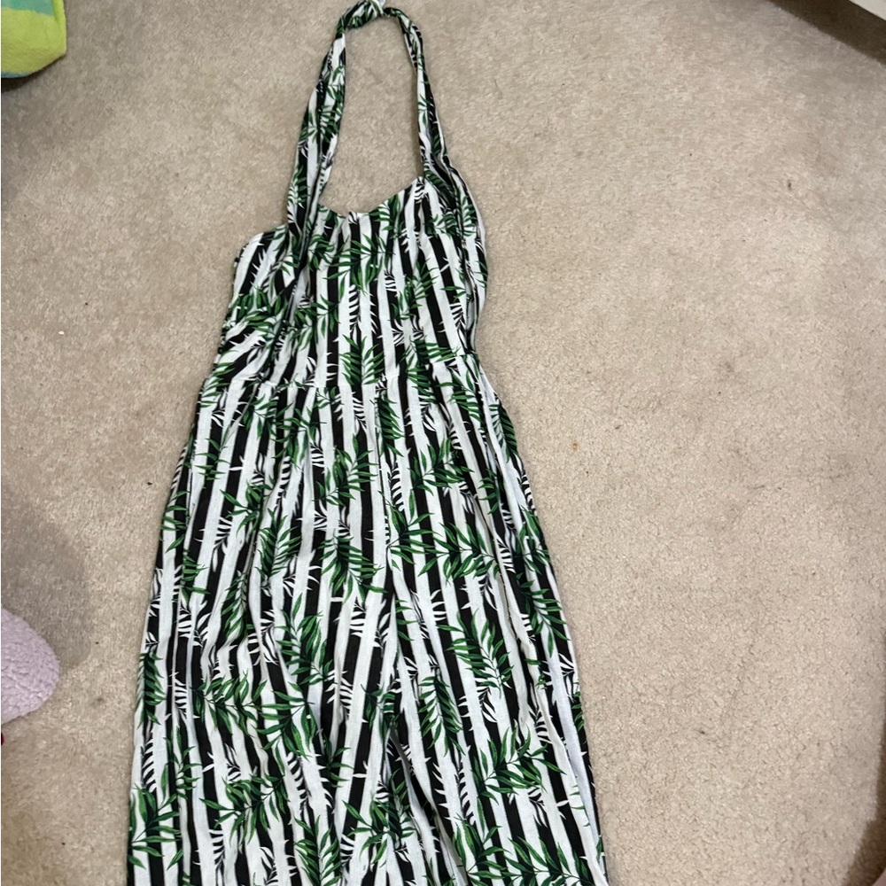 Tropical Leaf Print Halter Jumpsuit